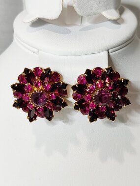 Vintage Signed Judy Lee Pink Purple Rhinestone Earrings